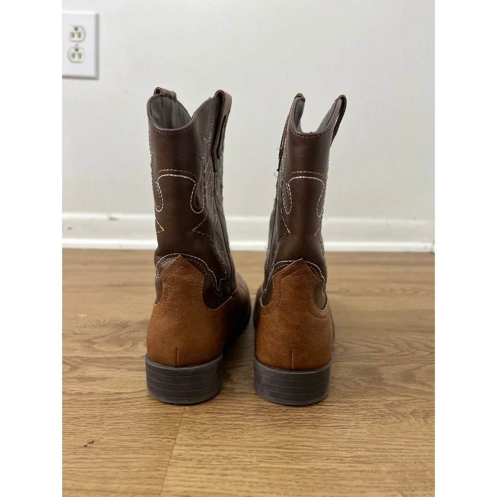 Wonder Nation Western Cowboy Boots Kids Size 1 Brown Contrast Stitch Square Toe